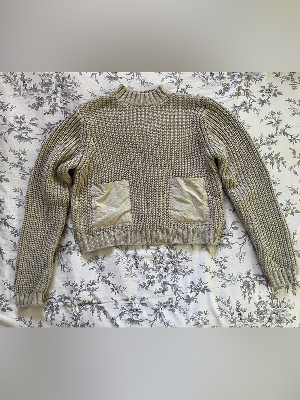 Zara Neutral Taupe Ribbed Cowl-Neck Sweater with Front Pockets